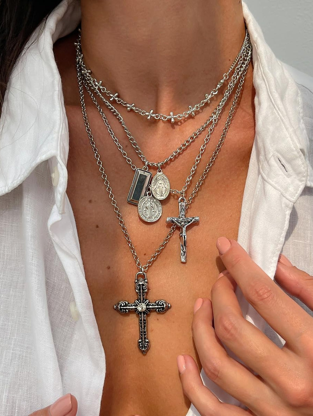 Silver Faith Multi-Layer Cross Necklace Set