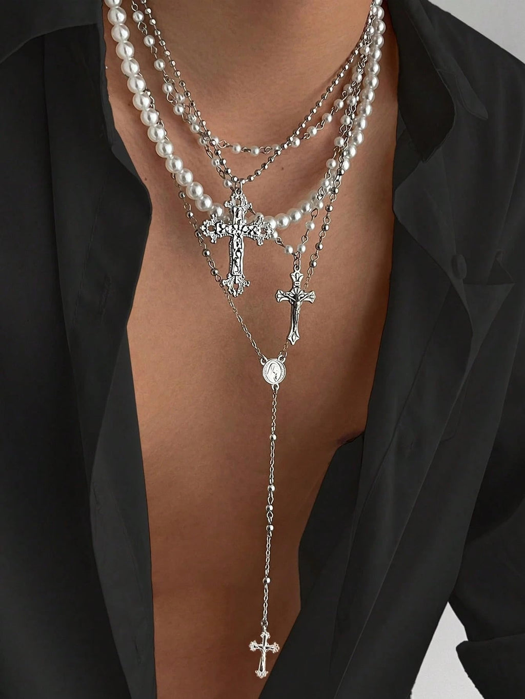 Silver Layered Pearl Cross Rosary Necklace Set