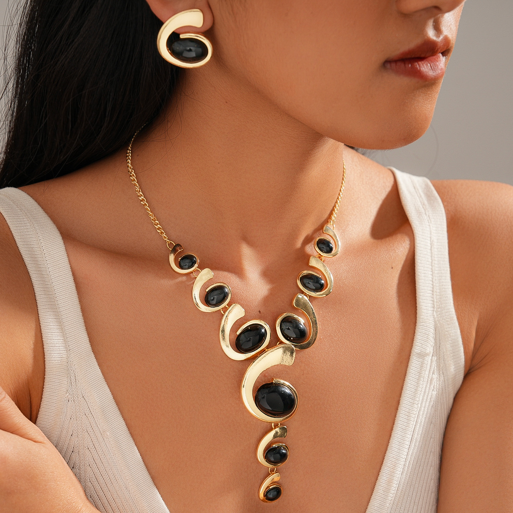 Boho gold black jewelry set