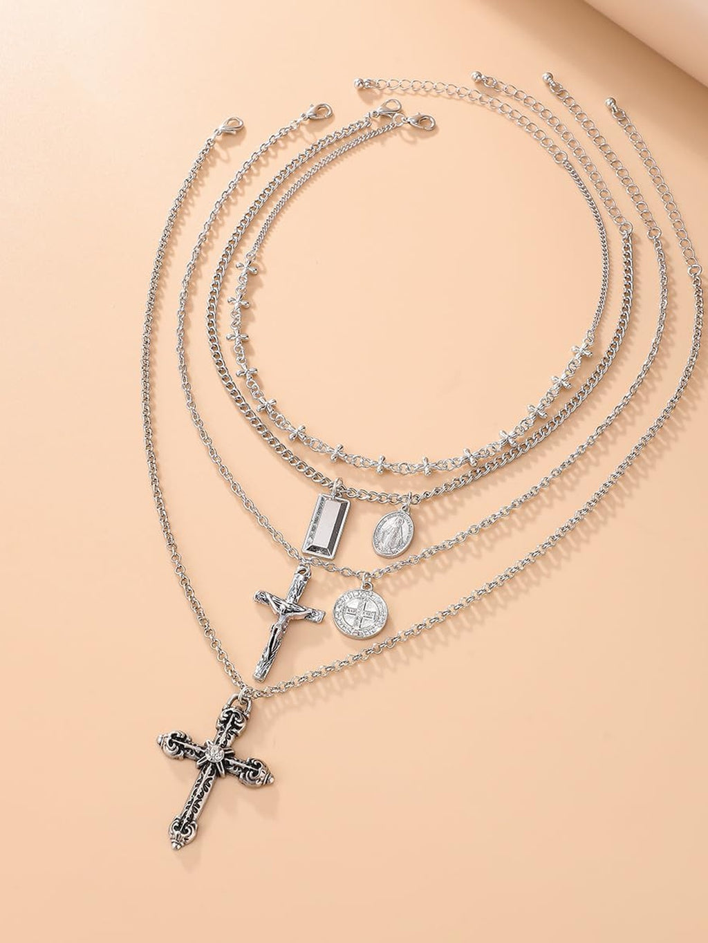 Silver Faith Multi-Layer Cross Necklace Set