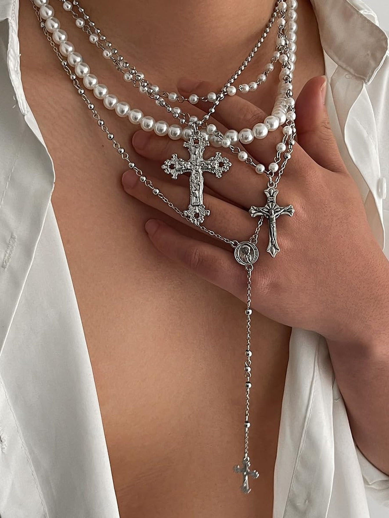 Silver Layered Pearl Cross Rosary Necklace Set