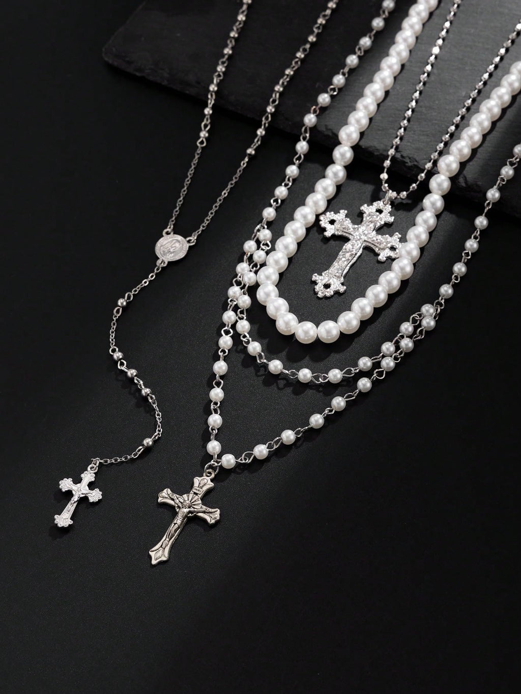 Silver Layered Pearl Cross Rosary Necklace Set