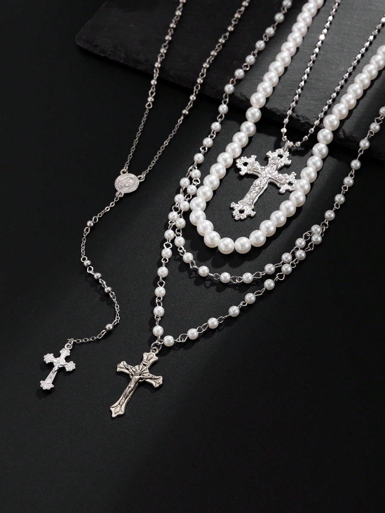 Silver Layered Pearl Cross Rosary Necklace Set