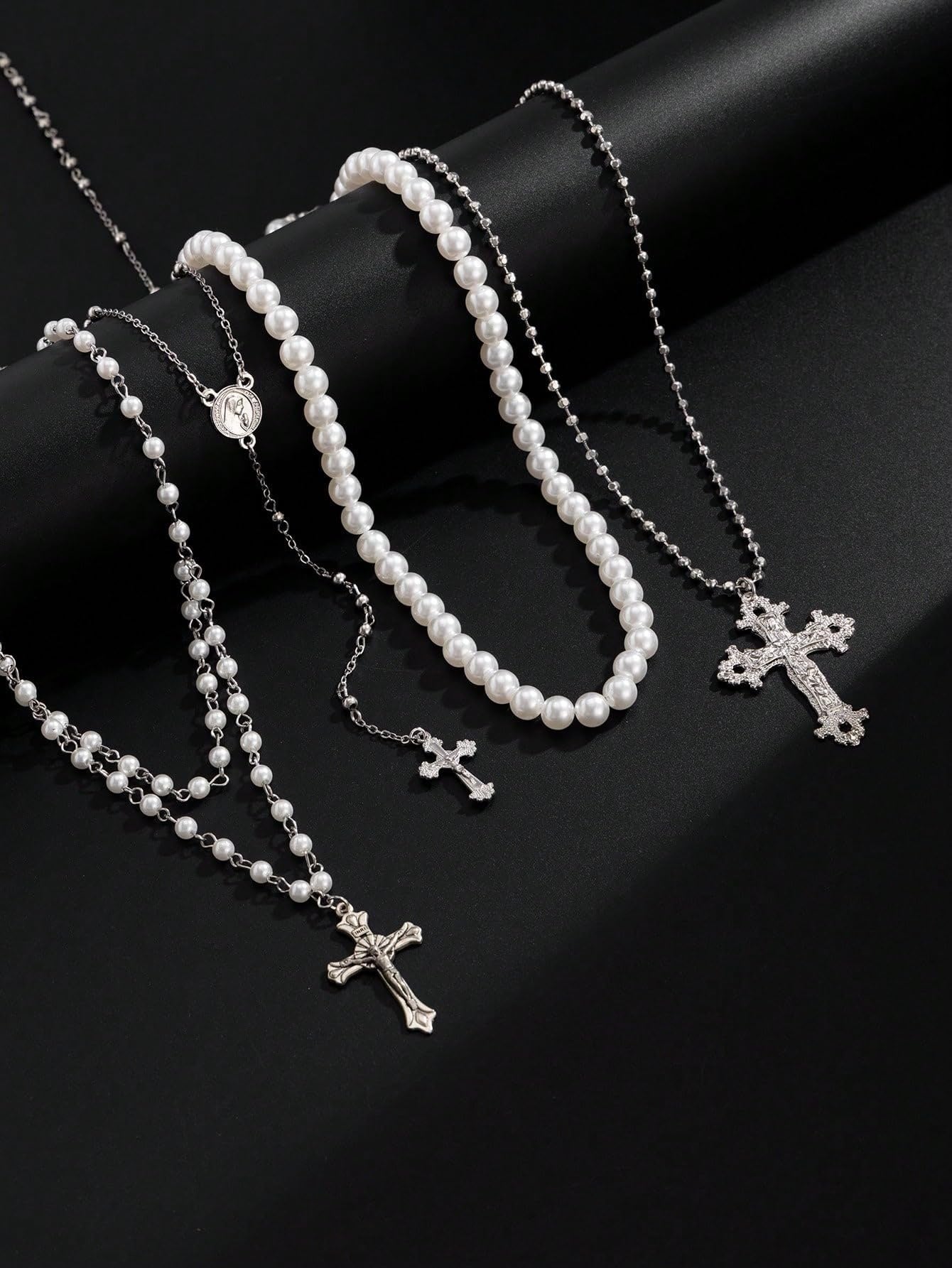 Silver Layered Pearl Cross Rosary Necklace Set