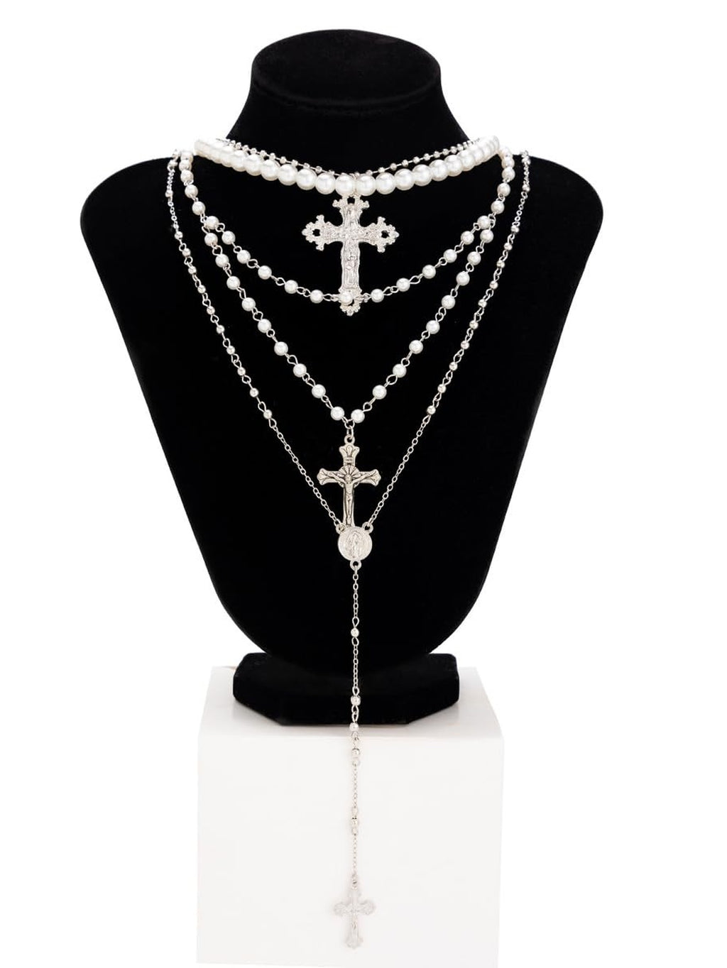 Silver Layered Pearl Cross Rosary Necklace Set