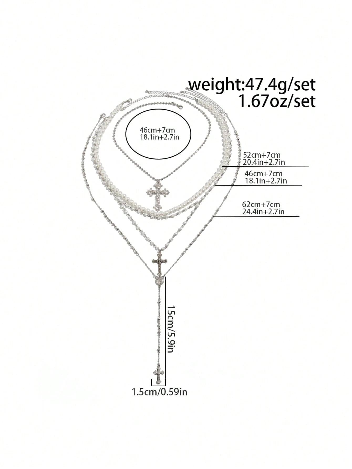 Silver Layered Pearl Cross Rosary Necklace Set