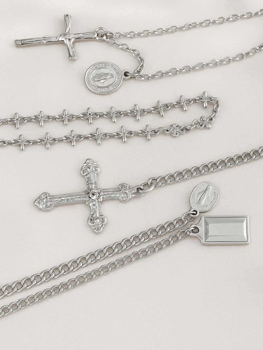 Silver Faith Multi-Layer Cross Necklace Set