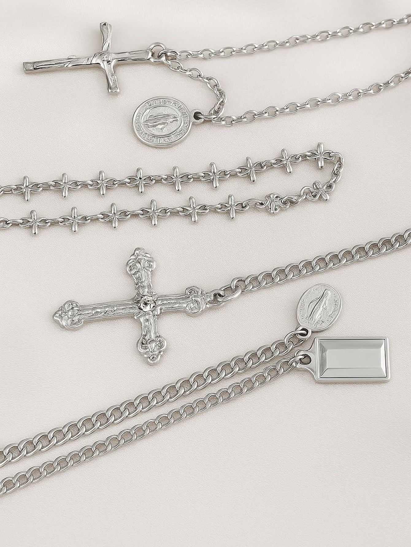 Silver Faith Multi-Layer Cross Necklace Set