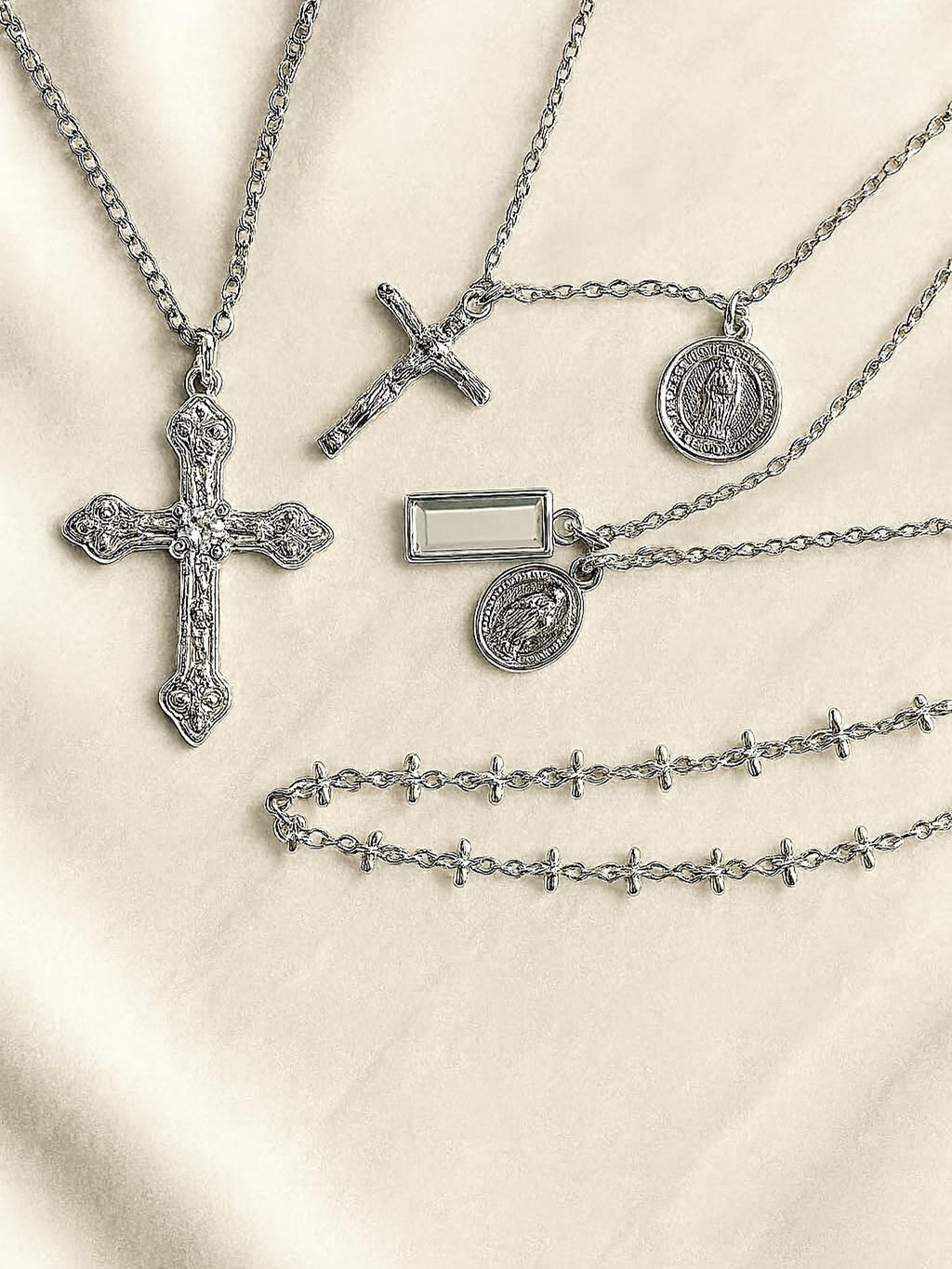 Silver Faith Multi-Layer Cross Necklace Set