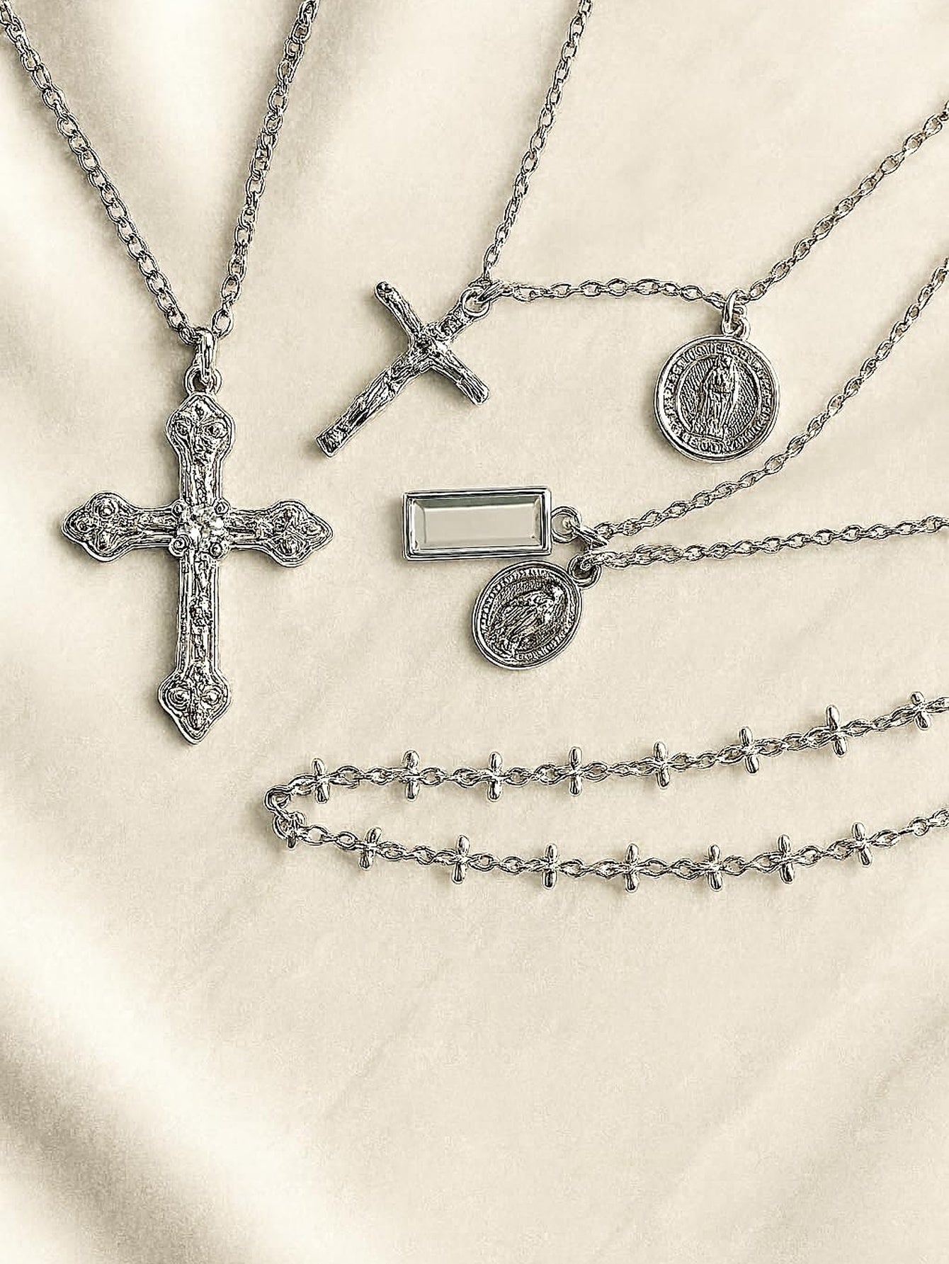 Silver Faith Multi-Layer Cross Necklace Set