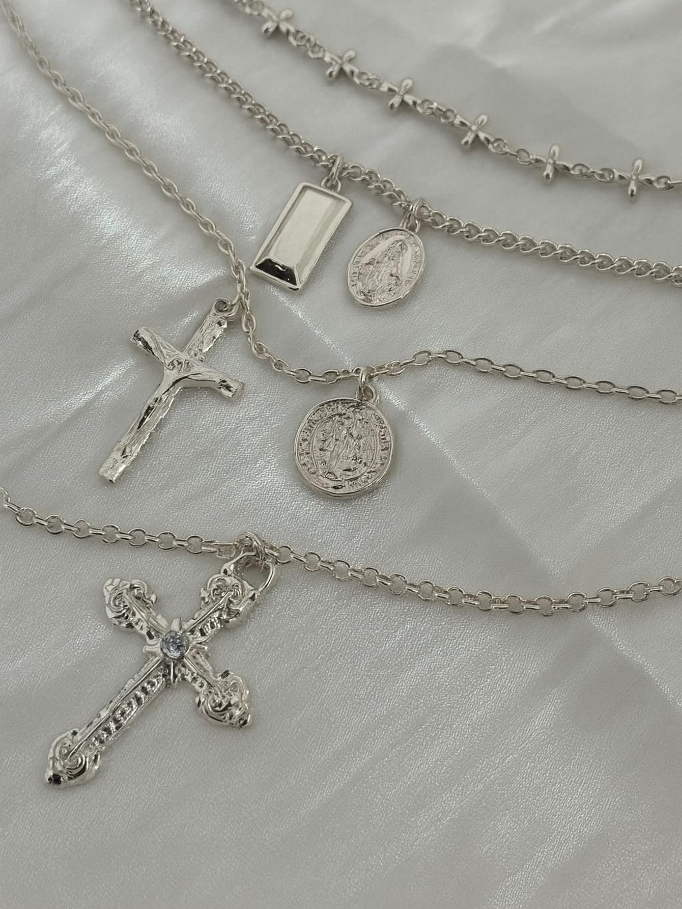 Silver Faith Multi-Layer Cross Necklace Set