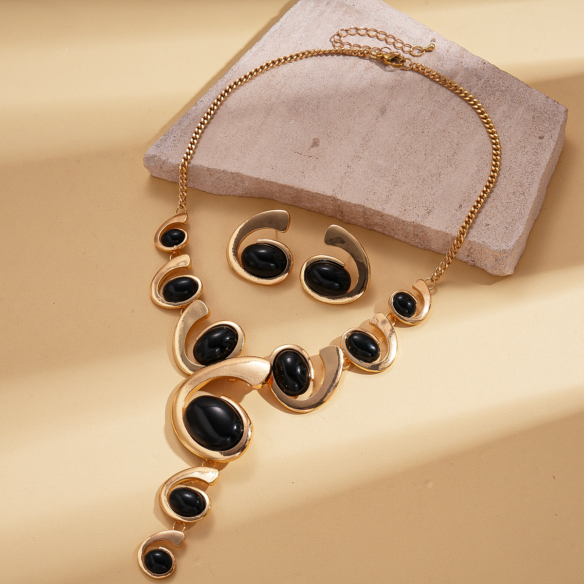 Boho gold black jewelry set